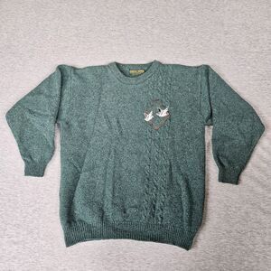 Vintage Country Trader Sweater L Green Cable Knit Shetland Wool Bird Fisherman